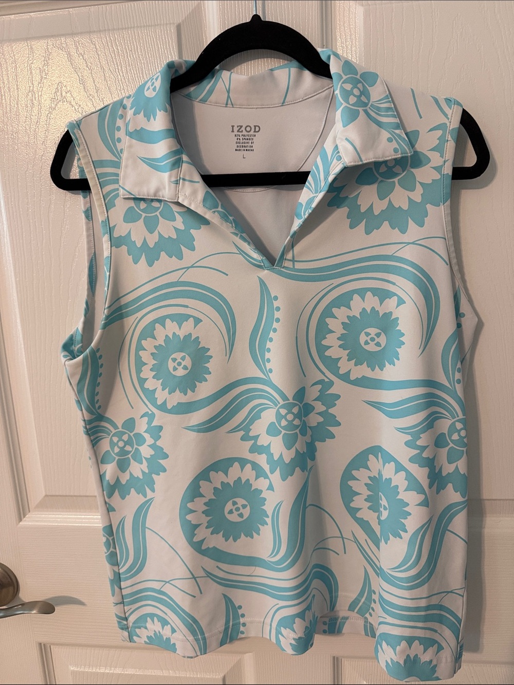 Izod White Tank with Aqua Floral Swirl Print Golf Top